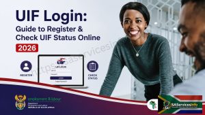 UIF Login Guide to Register & Check UIF Status Online 2026 showing the official South African UIF Online portal for account registration, secure login, claim submission, and UIF status tracking.