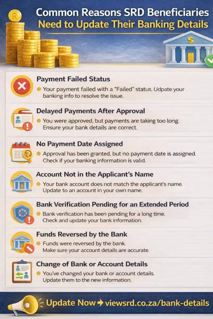 Common errors when updating SASSA SRD banking details that can delay SRD R370 grant payments.