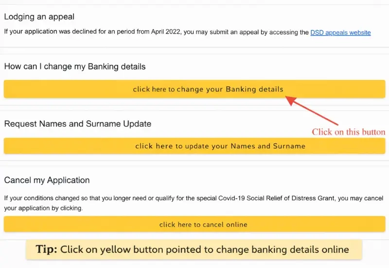 Official SASSA SRD Banking Details Update page showing the option to update banking information for the SRD R370 grant.