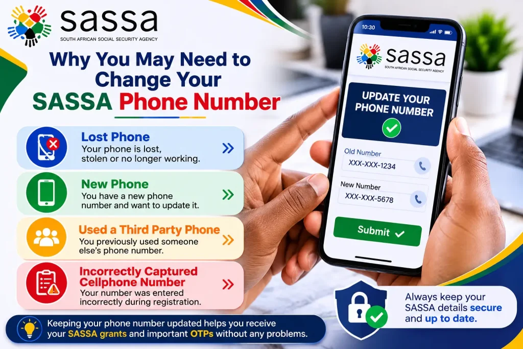 Reasons to change SASSA phone number, including lost phone, new phone, third-party phone, or incorrect cellphone number