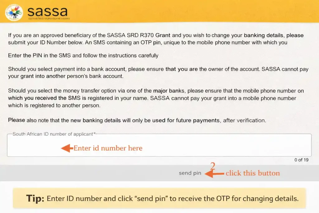 User entering a South African ID number on the official SASSA SRD Banking Details Update portal to verify identity.