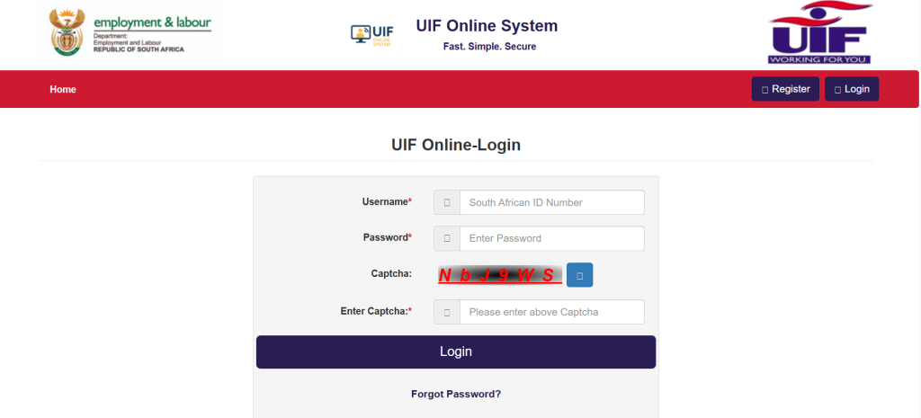UIF Online Login page showing the official South African Department of Employment and Labour portal for secure account access, benefit claims, and UIF status checks.