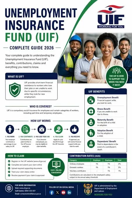 What Is UIF Login? Illustration showing the South African UIF Online Portal for registering, logging in, submitting unemployment benefit claims, and checking UIF status online.