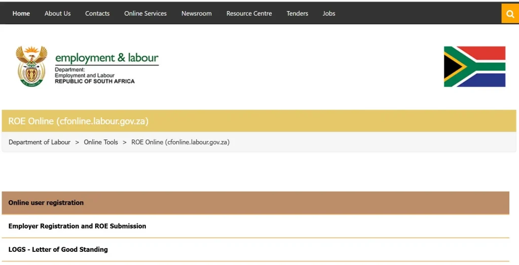 Official ROE Online page for South African employers