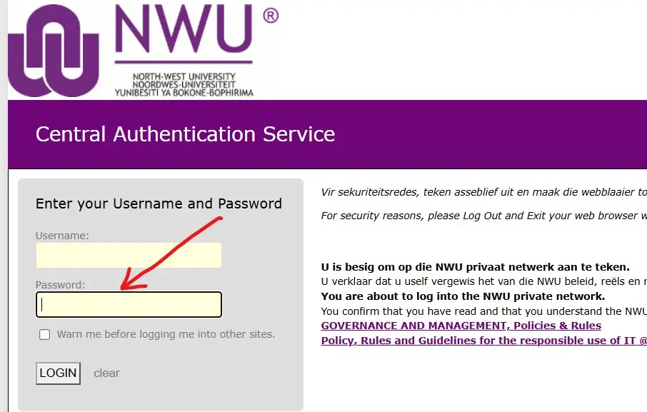 Enter your password on the eFundi NWU login page