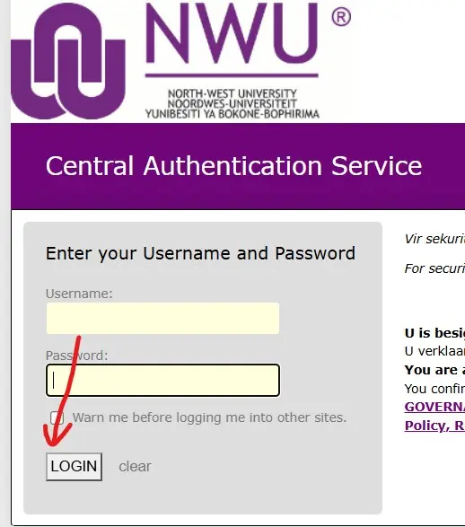 Select LOGIN button on the eFundi student portal