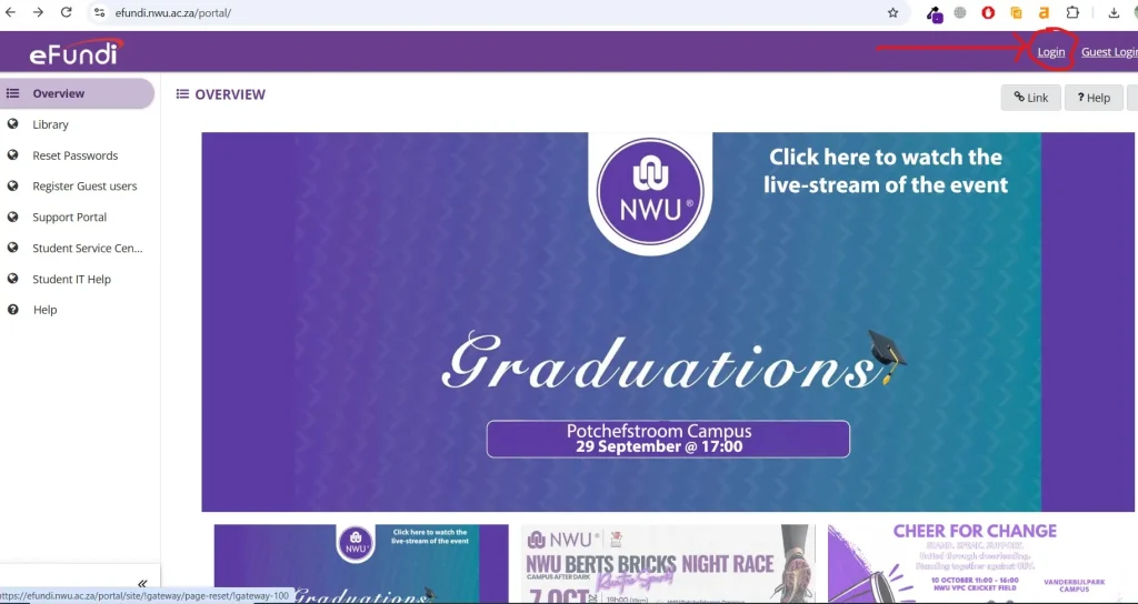Select Login on the eFundi NWU student portal