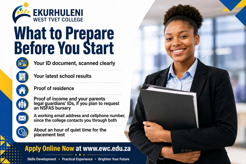 Documents required before starting an online application at Ekurhuleni West TVET College, including an ID, latest school results, and proof of residence.
